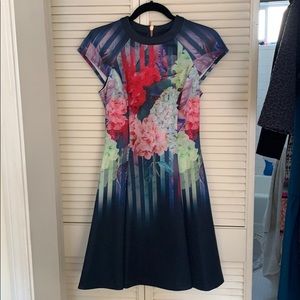Ted Baker Floral Neoprene Skater Dress Blue